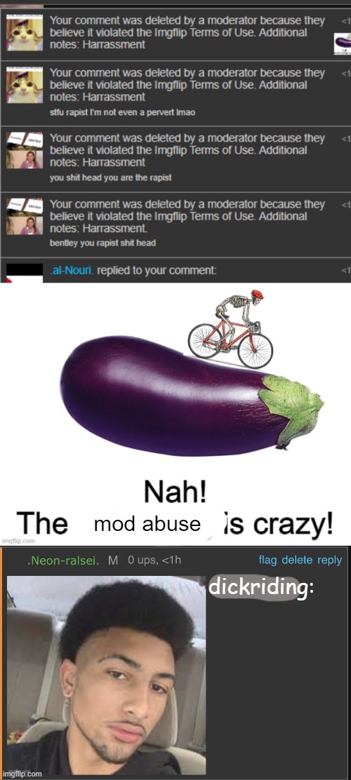 mod abuse; dickriding: | image tagged in nah the dick riding is crazy,mod abuse | made w/ Imgflip meme maker