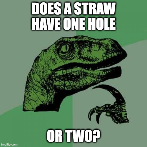 Comment what you think | DOES A STRAW HAVE ONE HOLE; OR TWO? | image tagged in memes,philosoraptor | made w/ Imgflip meme maker