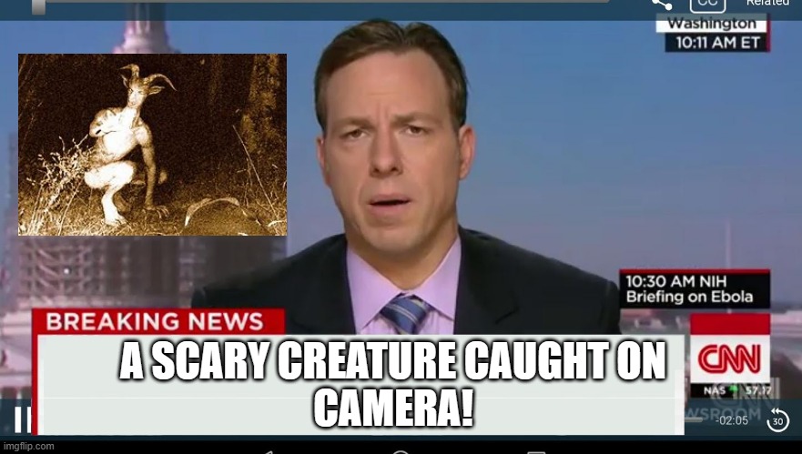 A SCARY CREATURE CAUGHT ON CAMERA! | A SCARY CREATURE CAUGHT ON
CAMERA! | image tagged in cnn breaking news template | made w/ Imgflip meme maker