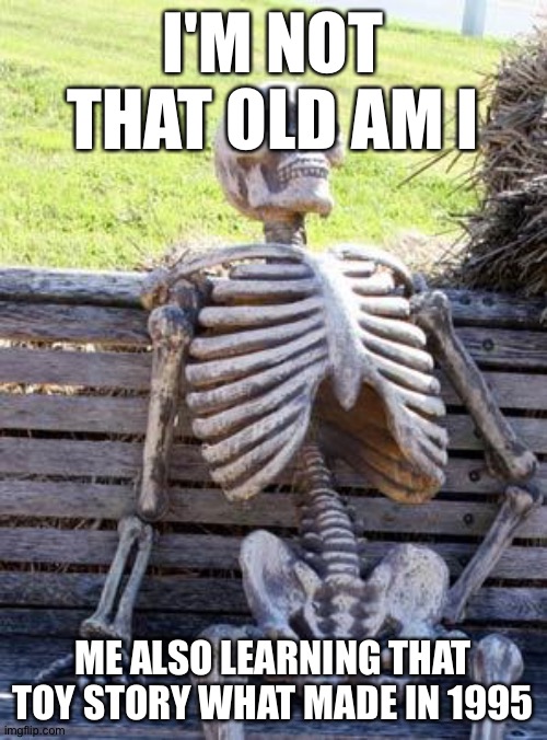 Dang | I'M NOT THAT OLD AM I; ME ALSO LEARNING THAT TOY STORY WHAT MADE IN 1995 | image tagged in memes,waiting skeleton,1995,toy story | made w/ Imgflip meme maker