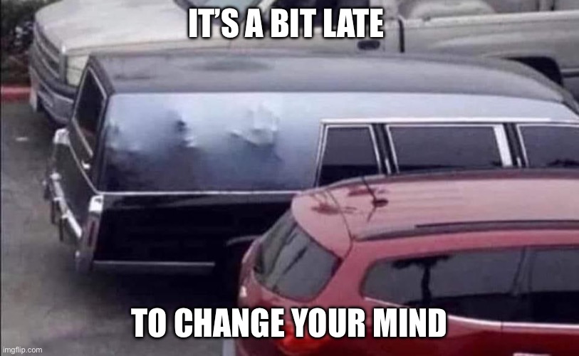 Changed mind | IT’S A BIT LATE; TO CHANGE YOUR MIND | image tagged in too late,dead,change my mind | made w/ Imgflip meme maker
