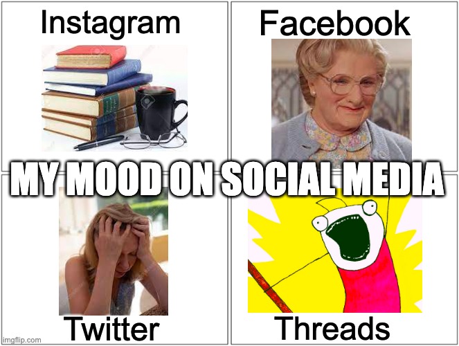 Blank Comic Panel 2x2 | Instagram; Facebook; MY MOOD ON SOCIAL MEDIA; Threads; Twitter | image tagged in memes,blank comic panel 2x2 | made w/ Imgflip meme maker