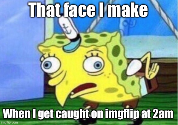 Mocking Spongebob | That face I make; When I get caught on imgflip at 2am | image tagged in memes,mocking spongebob | made w/ Imgflip meme maker