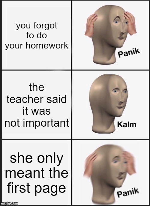 Panik Kalm Panik Meme | you forgot to do your homework; the teacher said it was not important; she only meant the first page | image tagged in memes,panik kalm panik | made w/ Imgflip meme maker