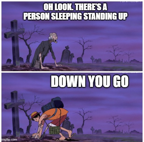 Luffy pushing zombie | OH LOOK. THERE'S A PERSON SLEEPING STANDING UP; DOWN YOU GO | image tagged in luffy pushing zombie | made w/ Imgflip meme maker