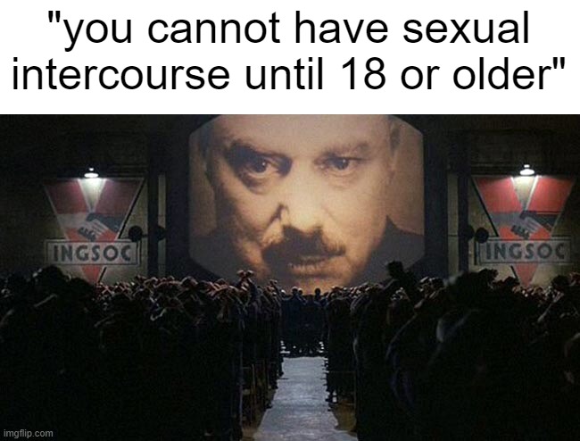 Society... | "you cannot have sexual intercourse until 18 or older" | image tagged in 1984,memes | made w/ Imgflip meme maker