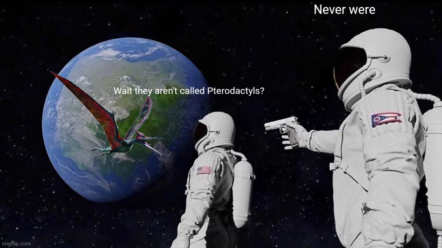FR | Never were; Wait they aren't called Pterodactyls? | image tagged in memes,always has been,pteranodon | made w/ Imgflip meme maker