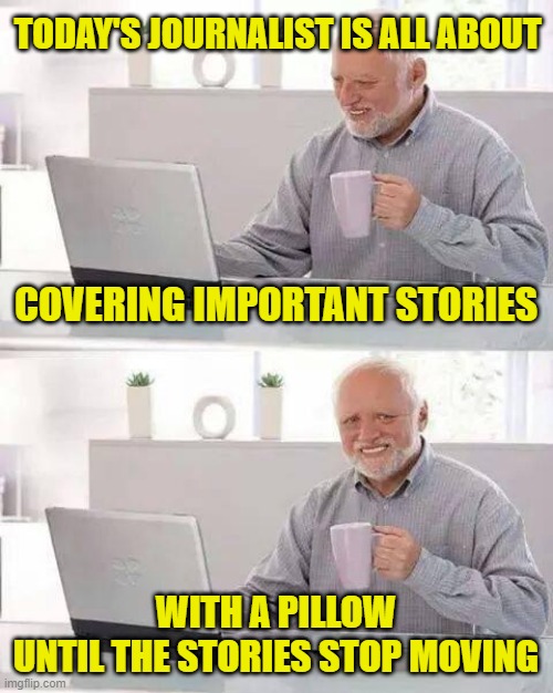 Journalism Today | TODAY'S JOURNALIST IS ALL ABOUT; COVERING IMPORTANT STORIES; WITH A PILLOW
UNTIL THE STORIES STOP MOVING | image tagged in memes,hide the pain harold | made w/ Imgflip meme maker