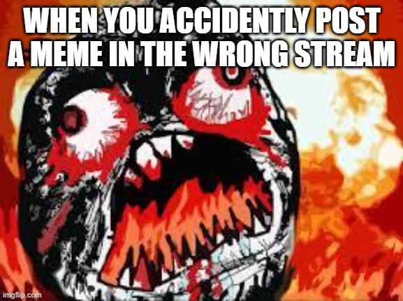 happens way too many times | WHEN YOU ACCIDENTLY POST A MEME IN THE WRONG STREAM | image tagged in rage quit,streams,angry,rage | made w/ Imgflip meme maker