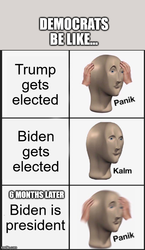 fr | DEMOCRATS BE LIKE... Trump gets elected; Biden gets elected; 6 MONTHS LATER; Biden is president | image tagged in memes,panik kalm panik | made w/ Imgflip meme maker