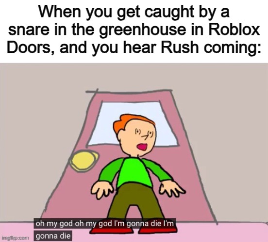 Welp, I'm dead ._. | When you get caught by a snare in the greenhouse in Roblox Doors, and you hear Rush coming: | image tagged in oh my god oh my god im gonna die im gonna die pico | made w/ Imgflip meme maker