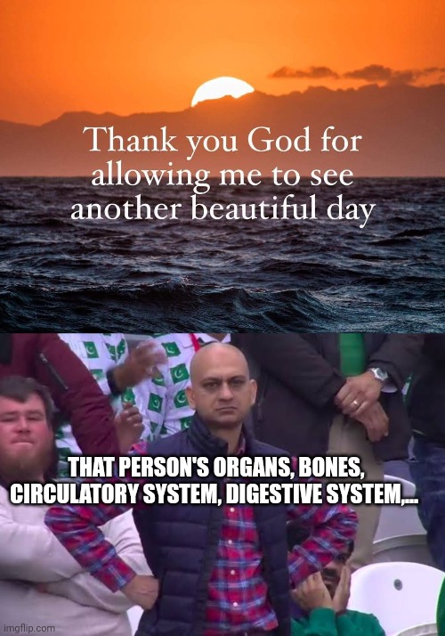 THAT PERSON'S ORGANS, BONES, CIRCULATORY SYSTEM, DIGESTIVE SYSTEM,... | image tagged in disappointed man,god,religion | made w/ Imgflip meme maker