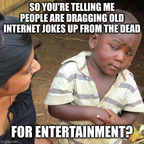 Skeptical African Kid, Full | SO YOU'RE TELLING ME PEOPLE ARE DRAGGING OLD INTERNET JOKES UP FROM THE DEAD; FOR ENTERTAINMENT? | image tagged in skeptical african kid full | made w/ Imgflip meme maker