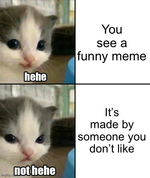For me it’s zerofrost but she deleted | You see a funny meme; It’s made by someone you don’t like | image tagged in cute cat hehe and not hehe | made w/ Imgflip meme maker