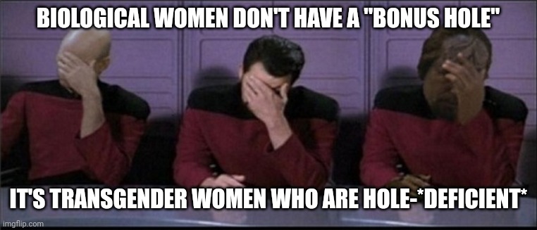 The devaluation of women is unabated | BIOLOGICAL WOMEN DON'T HAVE A "BONUS HOLE"; IT'S TRANSGENDER WOMEN WHO ARE HOLE-*DEFICIENT* | image tagged in picard riker worf triple facepalm,memes,politics | made w/ Imgflip meme maker