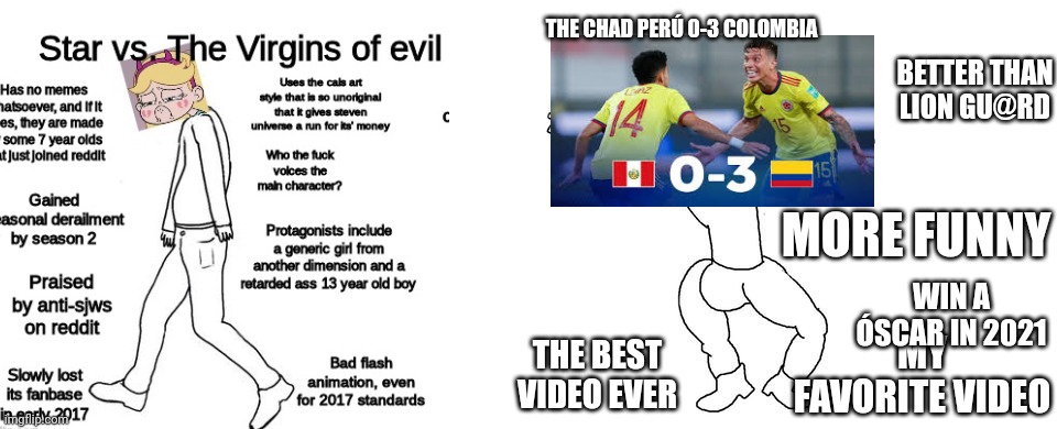 The Virgin STVFOE VS the Chad PERU 0-3 COLOMBIA | THE CHAD PERÚ 0-3 COLOMBIA; BETTER THAN LION GU@RD; MORE FUNNY; WIN A ÓSCAR IN 2021; MY FAVORITE VIDEO; THE BEST VIDEO EVER | image tagged in virgin vs chad | made w/ Imgflip meme maker