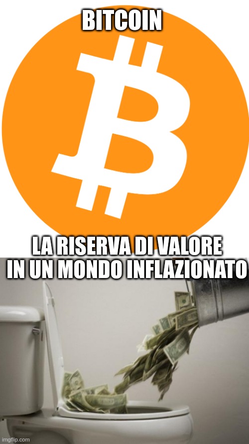 bitcoin riserva di valore | BITCOIN; LA RISERVA DI VALORE IN UN MONDO INFLAZIONATO | image tagged in bitcoin,money down toilet | made w/ Imgflip meme maker