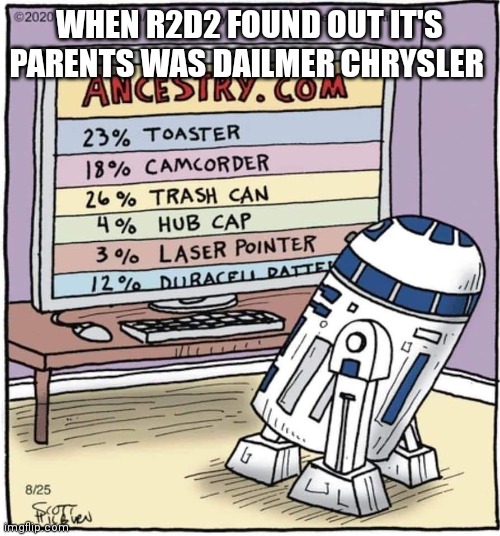 WHEN R2D2 FOUND OUT IT'S PARENTS WAS DAILMER CHRYSLER | image tagged in r2d2,star wars | made w/ Imgflip meme maker