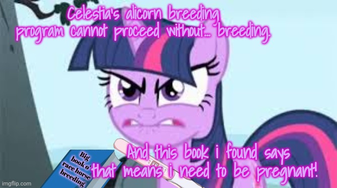 Mad twi | Celestia's alicorn breeding program cannot proceed without... breeding. And this book i found says that means i need to be pregnant! Big boo | image tagged in mad twi | made w/ Imgflip meme maker