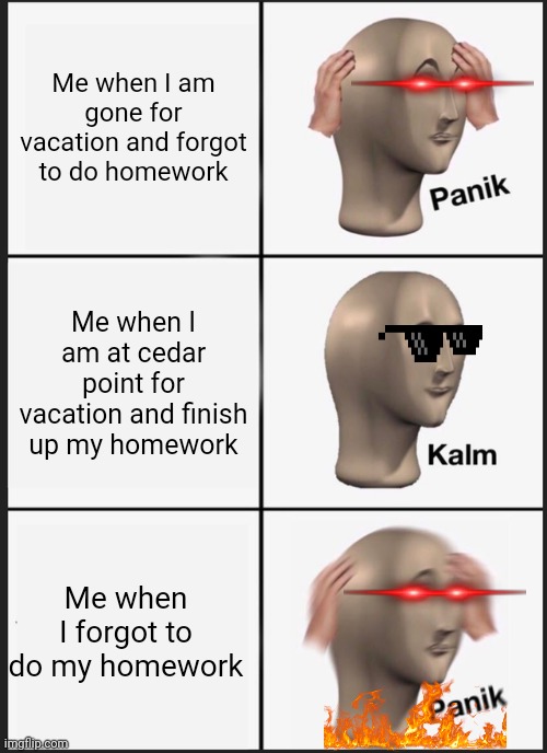 School Memes v2 | Me when I am gone for vacation and forgot to do homework; Me when I am at cedar point for vacation and finish up my homework; Me when I forgot to do my homework | image tagged in luistreece,school | made w/ Imgflip meme maker