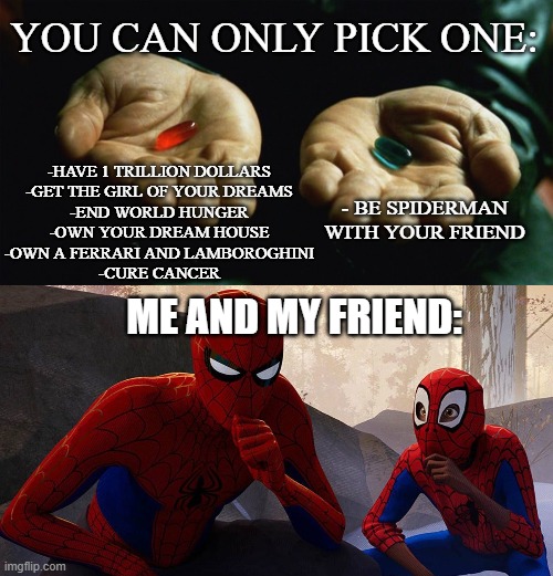 Easiest Decision I've Ever Made. No Regrets At All | YOU CAN ONLY PICK ONE:; -HAVE 1 TRILLION DOLLARS
-GET THE GIRL OF YOUR DREAMS
-END WORLD HUNGER
-OWN YOUR DREAM HOUSE
-OWN A FERRARI AND LAMBOROGHINI
-CURE CANCER; - BE SPIDERMAN WITH YOUR FRIEND; ME AND MY FRIEND: | image tagged in red pill blue pill,spiderman,canon,canonevent,spiderman2099,intothespiderverse | made w/ Imgflip meme maker