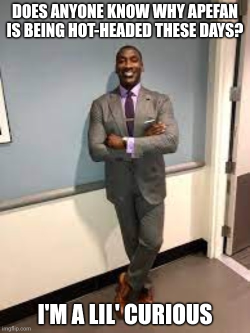 Shannon Sharpe Fit Checks | DOES ANYONE KNOW WHY APEFAN IS BEING HOT-HEADED THESE DAYS? I'M A LIL' CURIOUS | image tagged in shannon sharpe fit checks | made w/ Imgflip meme maker