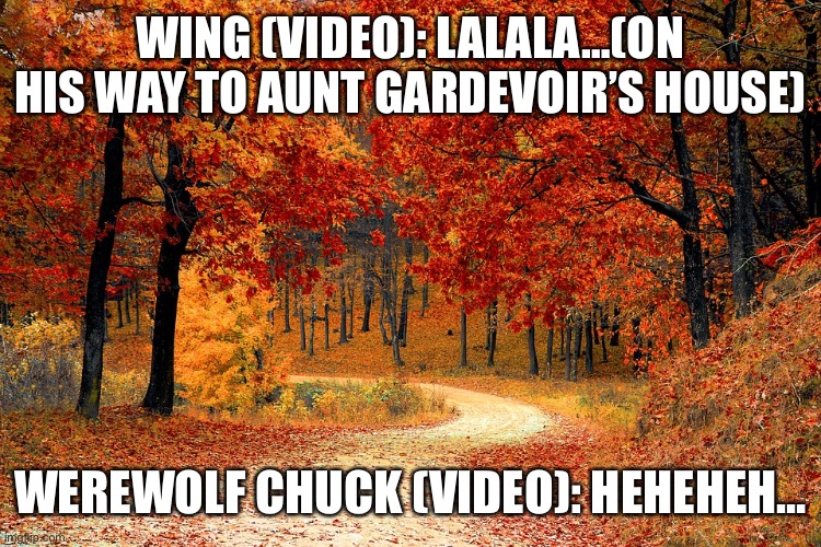 Little Red Riding Wing (A Chuck X Wing Video) | WING (VIDEO): LALALA…(ON HIS WAY TO AUNT GARDEVOIR’S HOUSE); WEREWOLF CHUCK (VIDEO): HEHEHEH… | image tagged in road in autumn | made w/ Imgflip meme maker