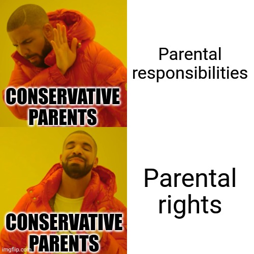 Rights come with responsibilities. People who only whine about their "rights" want the "right" to be irresponsible. | Parental responsibilities; CONSERVATIVE PARENTS; Parental rights; CONSERVATIVE PARENTS | image tagged in memes,drake hotline bling,rights,responsibilities,bad parenting,conservative logic | made w/ Imgflip meme maker