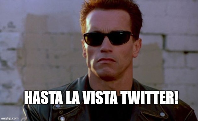 Terminator Arnold Schwarzenegger | HASTA LA VISTA TWITTER! | image tagged in terminator arnold schwarzenegger | made w/ Imgflip meme maker