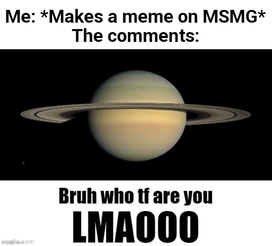Bruh who tf are you LMAOOO | Me: *Makes a meme on MSMG*
The comments: | image tagged in bruh who tf are you lmaooo | made w/ Imgflip meme maker