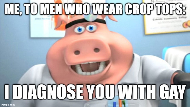I Diagnose You With Dead | ME, TO MEN WHO WEAR CROP TOPS:; I DIAGNOSE YOU WITH GAY | image tagged in i diagnose you with dead | made w/ Imgflip meme maker