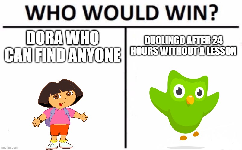Who Would Win? Meme | DUOLINGO AFTER 24 HOURS WITHOUT A LESSON; DORA WHO CAN FIND ANYONE | image tagged in memes,who would win | made w/ Imgflip meme maker