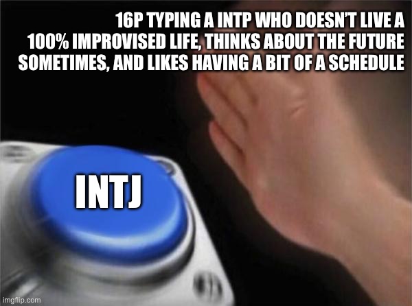 Blank Nut Button Meme | 16P TYPING A INTP WHO DOESN’T LIVE A 100% IMPROVISED LIFE, THINKS ABOUT THE FUTURE SOMETIMES, AND LIKES HAVING A BIT OF A SCHEDULE; INTJ | image tagged in memes,blank nut button,INTPmemes | made w/ Imgflip meme maker