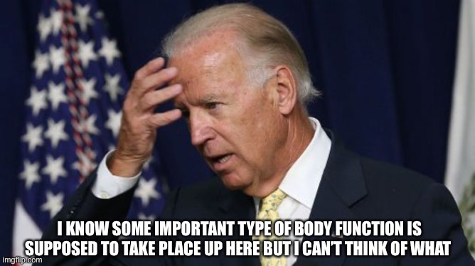 Biden Meme | I KNOW SOME IMPORTANT TYPE OF BODY FUNCTION IS SUPPOSED TO TAKE PLACE UP HERE BUT I CAN’T THINK OF WHAT | image tagged in joe biden worries,funny,biden meme,no brain | made w/ Imgflip meme maker