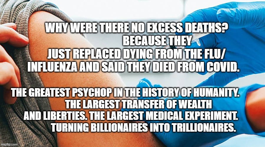 COVID vaccination | WHY WERE THERE NO EXCESS DEATHS?                    BECAUSE THEY JUST REPLACED DYING FROM THE FLU/ INFLUENZA AND SAID THEY DIED FROM COVID. THE GREATEST PSYCHOP IN THE HISTORY OF HUMANITY.      
        THE LARGEST TRANSFER OF WEALTH AND LIBERTIES. THE LARGEST MEDICAL EXPERIMENT.               TURNING BILLIONAIRES INTO TRILLIONAIRES. | image tagged in covid vaccination | made w/ Imgflip meme maker