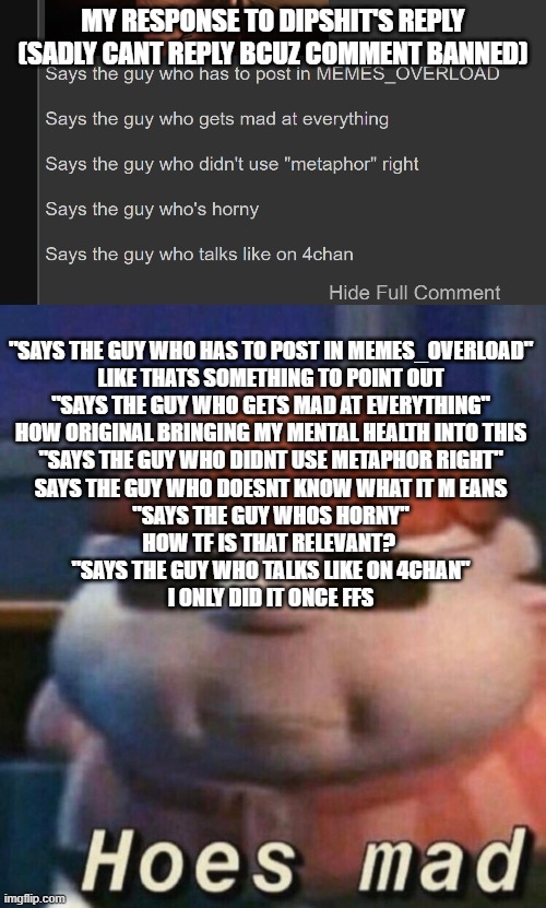 MY RESPONSE TO DIPSHIT'S REPLY (SADLY CANT REPLY BCUZ COMMENT BANNED); "SAYS THE GUY WHO HAS TO POST IN MEMES_OVERLOAD"
LIKE THATS SOMETHING TO POINT OUT
"SAYS THE GUY WHO GETS MAD AT EVERYTHING"
HOW ORIGINAL BRINGING MY MENTAL HEALTH INTO THIS
"SAYS THE GUY WHO DIDNT USE METAPHOR RIGHT"
SAYS THE GUY WHO DOESNT KNOW WHAT IT M EANS
"SAYS THE GUY WHOS HORNY"
HOW TF IS THAT RELEVANT? 
"SAYS THE GUY WHO TALKS LIKE ON 4CHAN"
I ONLY DID IT ONCE FFS | image tagged in hoes mad | made w/ Imgflip meme maker