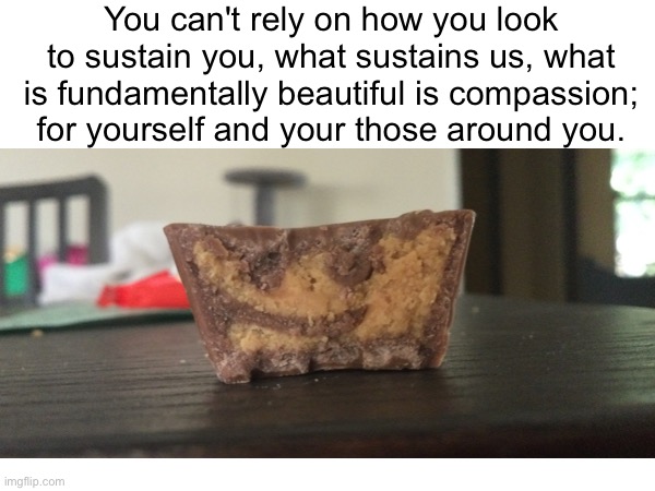 You can't rely on how you look to sustain you, what sustains us, what is fundamentally beautiful is compassion; for yourself and your those around you. | image tagged in memes,funny memes,candy,meme,funny,fun | made w/ Imgflip meme maker