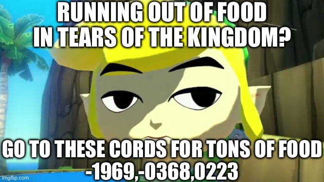 There’s also a shrine | RUNNING OUT OF FOOD IN TEARS OF THE KINGDOM? GO TO THESE CORDS FOR TONS OF FOOD
-1969,-0368,0223 | image tagged in zelda,tears of the kingdom,legend of zelda,the legend of zelda | made w/ Imgflip meme maker