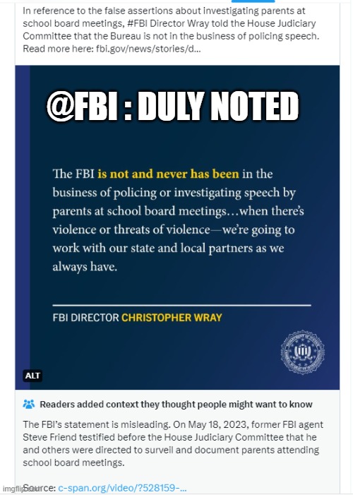 FBI | @FBI : DULY NOTED | image tagged in fbi,congress,twitter,the purge | made w/ Imgflip meme maker
