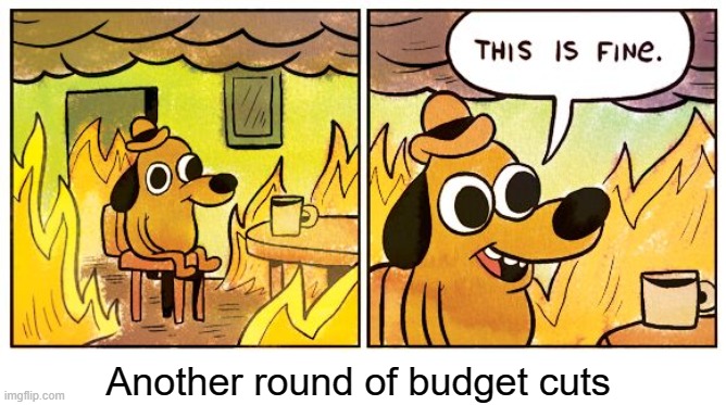 This Is Fine Meme | Another round of budget cuts | image tagged in memes,this is fine | made w/ Imgflip meme maker