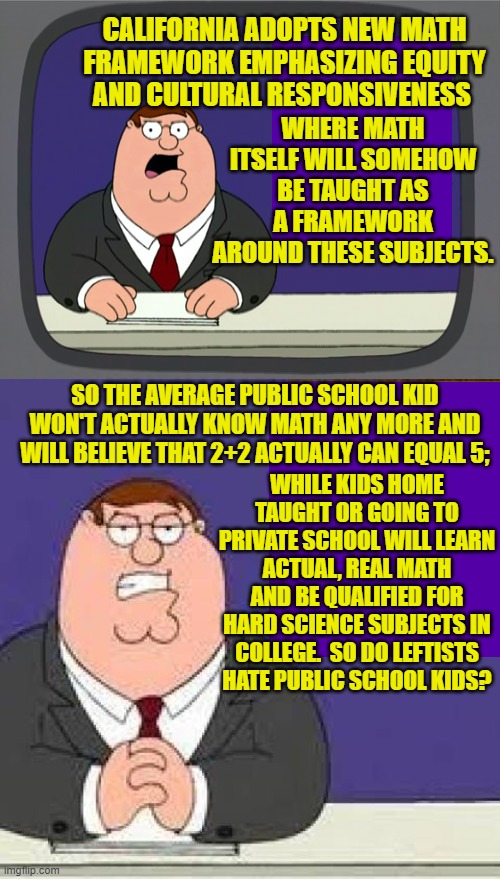 Fess up leftists . . . where kids are concerned it's ALL about the ideological indoctrination. | WHERE MATH ITSELF WILL SOMEHOW BE TAUGHT AS A FRAMEWORK AROUND THESE SUBJECTS. CALIFORNIA ADOPTS NEW MATH FRAMEWORK EMPHASIZING EQUITY AND CULTURAL RESPONSIVENESS; SO THE AVERAGE PUBLIC SCHOOL KID WON'T ACTUALLY KNOW MATH ANY MORE AND WILL BELIEVE THAT 2+2 ACTUALLY CAN EQUAL 5;; WHILE KIDS HOME TAUGHT OR GOING TO PRIVATE SCHOOL WILL LEARN ACTUAL, REAL MATH AND BE QUALIFIED FOR HARD SCIENCE SUBJECTS IN COLLEGE.  SO DO LEFTISTS HATE PUBLIC SCHOOL KIDS? | image tagged in peter griffin news | made w/ Imgflip meme maker