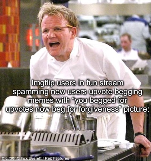 BRUH WHO TF ARE YOU LMAOO | Imgflip users in fun stream spamming new users upvote begging memes with “you begged for upvotes now beg for forgiveness” picture: | image tagged in memes,chef gordon ramsay | made w/ Imgflip meme maker