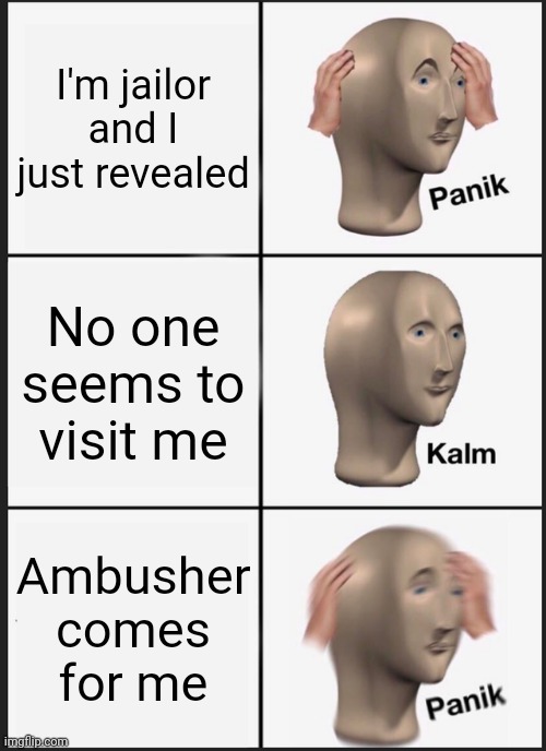Jailor DEAD For Sure | I'm jailor and I just revealed; No one seems to visit me; Ambusher comes for me | image tagged in memes,panik kalm panik | made w/ Imgflip meme maker