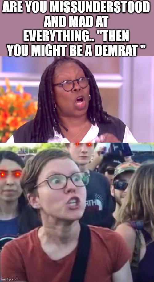DEMs are evil. | ARE YOU MISSUNDERSTOOD AND MAD AT EVERYTHING.. "THEN YOU MIGHT BE A DEMRAT " | image tagged in deranged whoopi,angry liberal,democrats | made w/ Imgflip meme maker