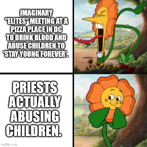 Cuphead Flower | IMAGINARY "ELITES" MEETING AT A PIZZA PLACE IN DC TO DRINK BLOOD AND ABUSE CHILDREN TO 'STAY YOUNG FOREVER'. PRIESTS ACTUALLY ABUSING CHILDREN. | image tagged in cuphead flower | made w/ Imgflip meme maker