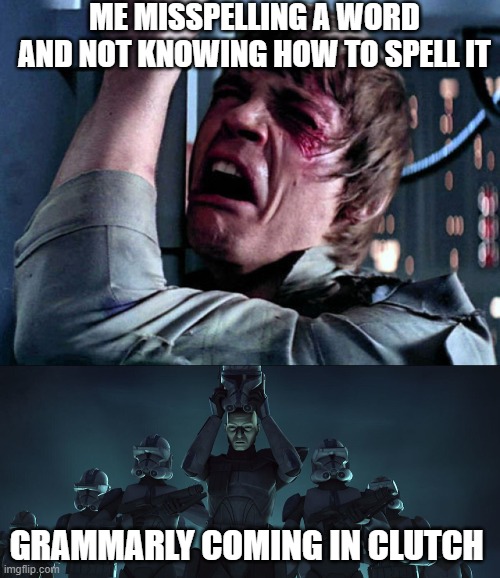 ME MISSPELLING A WORD AND NOT KNOWING HOW TO SPELL IT; GRAMMARLY COMING IN CLUTCH | image tagged in nooo | made w/ Imgflip meme maker