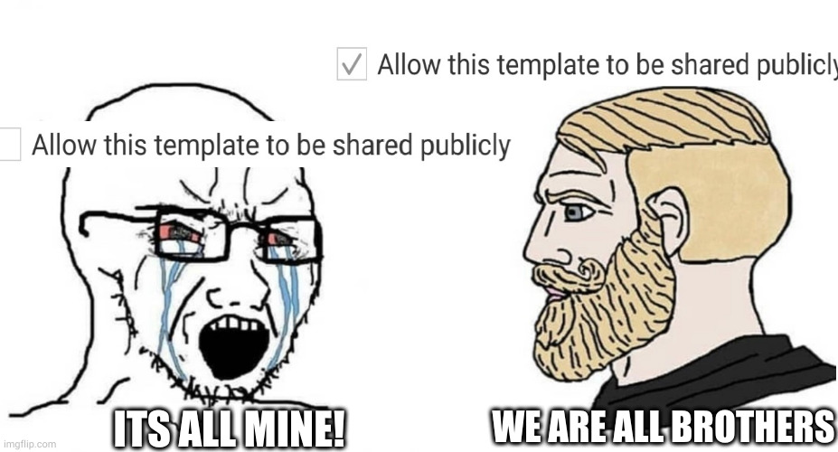 share pubicly | ITS ALL MINE! WE ARE ALL BROTHERS | image tagged in crying wojak vs chad,share | made w/ Imgflip meme maker