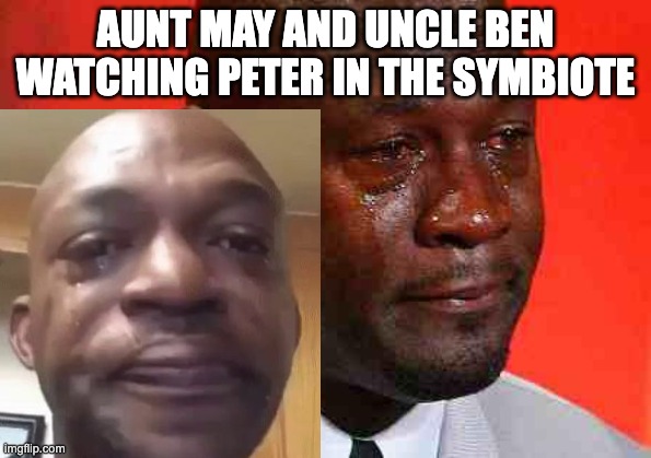 Aunt May and Uncle Ben in Spider-man 2 | AUNT MAY AND UNCLE BEN WATCHING PETER IN THE SYMBIOTE | image tagged in aunt may,uncle ben,venom,spider-man | made w/ Imgflip meme maker
