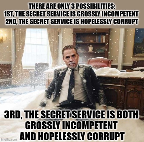Hunter Biden | THERE ARE ONLY 3 POSSIBILITIES:

1ST, THE SECRET SERVICE IS GROSSLY INCOMPETENT 

2ND, THE SECRET SERVICE IS HOPELESSLY CORRUPT; 3RD, THE SECRET SERVICE IS BOTH 
GROSSLY INCOMPETENT 
AND HOPELESSLY CORRUPT | image tagged in hunter biden,cocaine,secret service | made w/ Imgflip meme maker