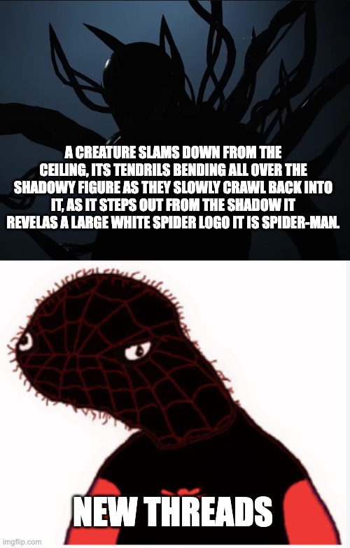New threads | A CREATURE SLAMS DOWN FROM THE CEILING, ITS TENDRILS BENDING ALL OVER THE SHADOWY FIGURE AS THEY SLOWLY CRAWL BACK INTO IT, AS IT STEPS OUT FROM THE SHADOW IT REVELAS A LARGE WHITE SPIDER LOGO IT IS SPIDER-MAN. NEW THREADS | image tagged in spider-man 2,miles morales,spooder-man,venom | made w/ Imgflip meme maker